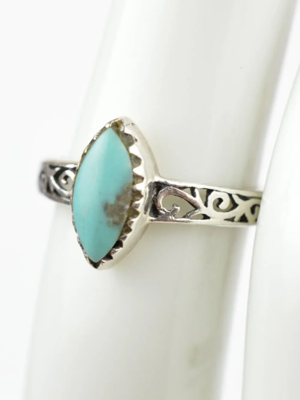 925 Sterling Silver Turquoise Ring Size 4.75 Marquise Boho Filigree Band 2g